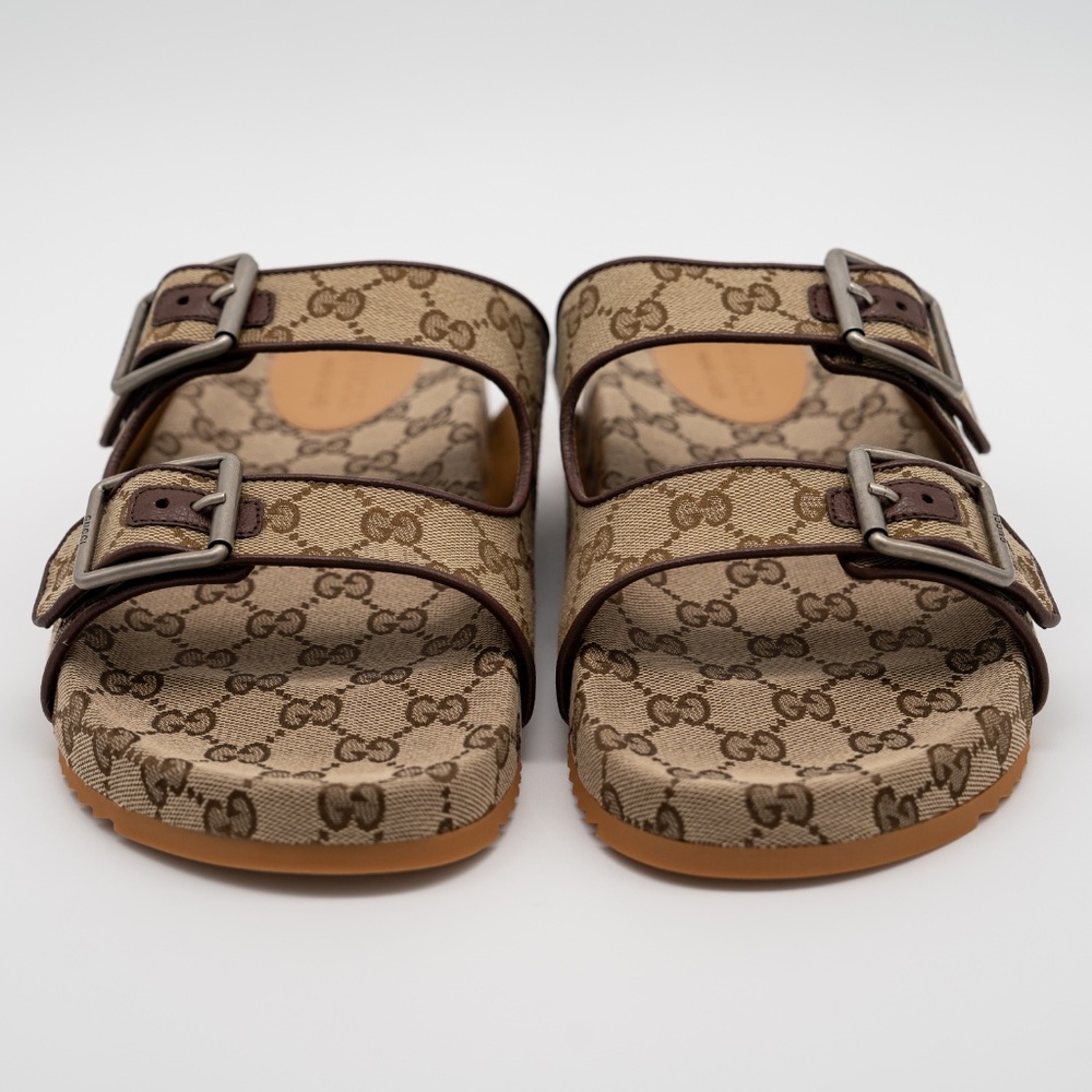 size 10G 10.5 US Gucci GG Canvas Slide Sandals Straps Beige Ebony GG Brown - Picture 2 of 11